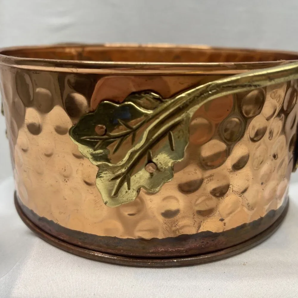 Hammered Copper Casserole Candle Ring Holder Brass Leaves 6.5